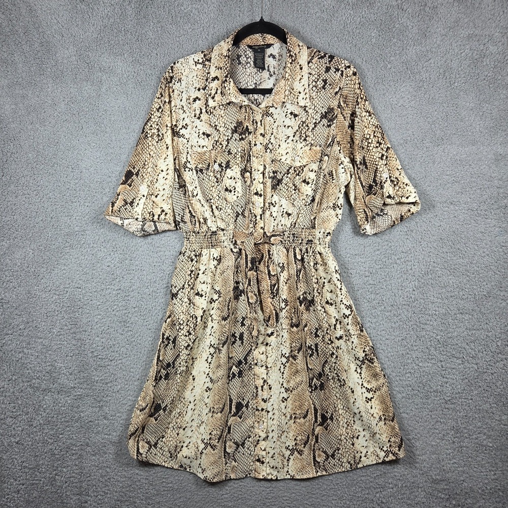 Vtg Millenium Snakeskin Print Dress XL Beige Boho 70s Safari Y2K Office Career
